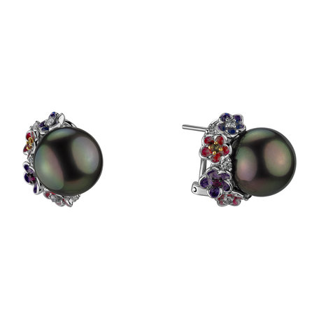 Náušnice s perlou, diamantmi, rubínmi a zafírmi Gremoria